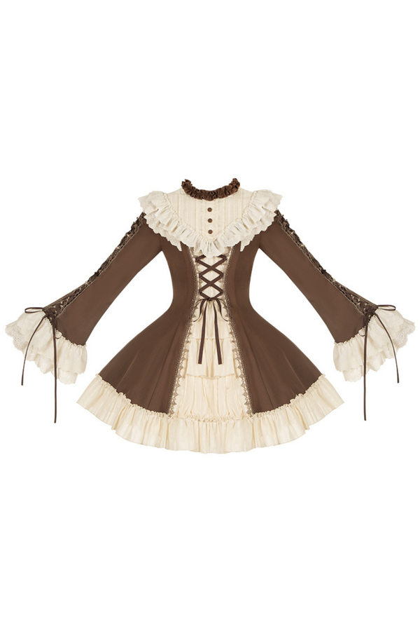 レーススタンドカラーフレアスリーブツインドールロリータドレス+カラー+ハット