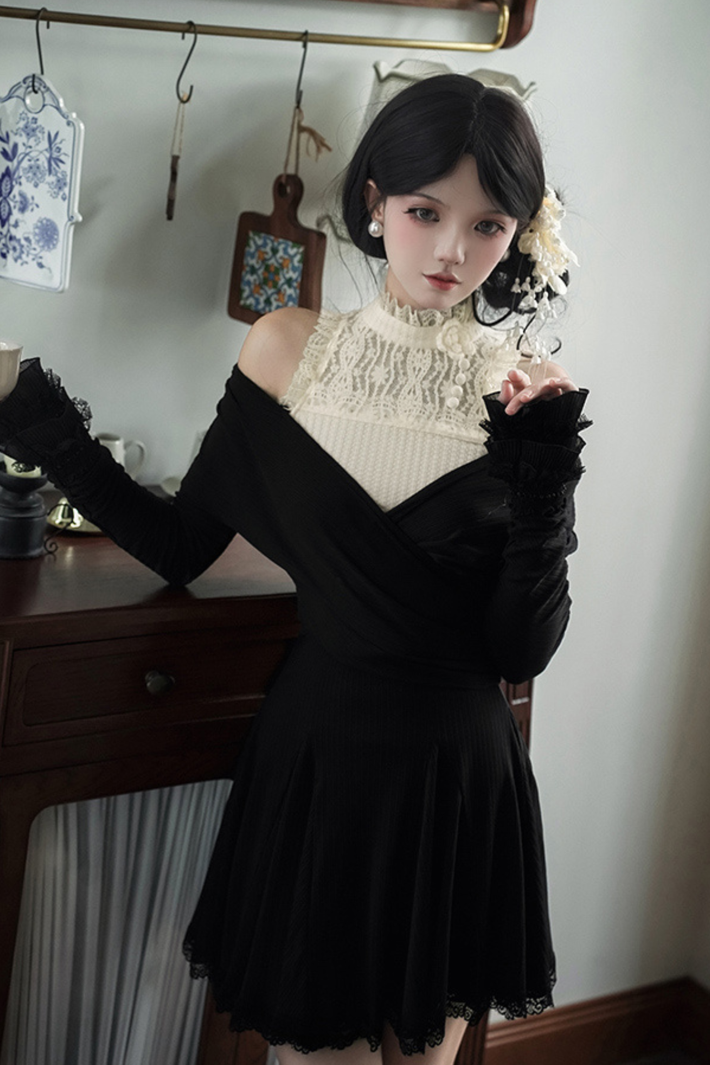 ローVネックニットストレッチスリムワンピース