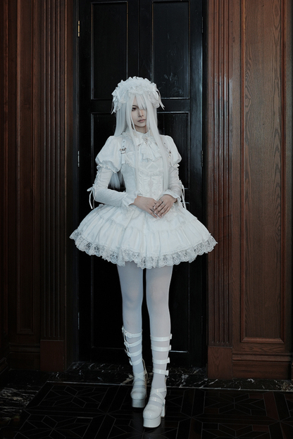 White gothic gemini Lolita dress + corset + ribbon + hair band + veil