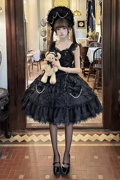 ローズフリルプリンセスジャンパースカート+バッグリボン+ボンネット