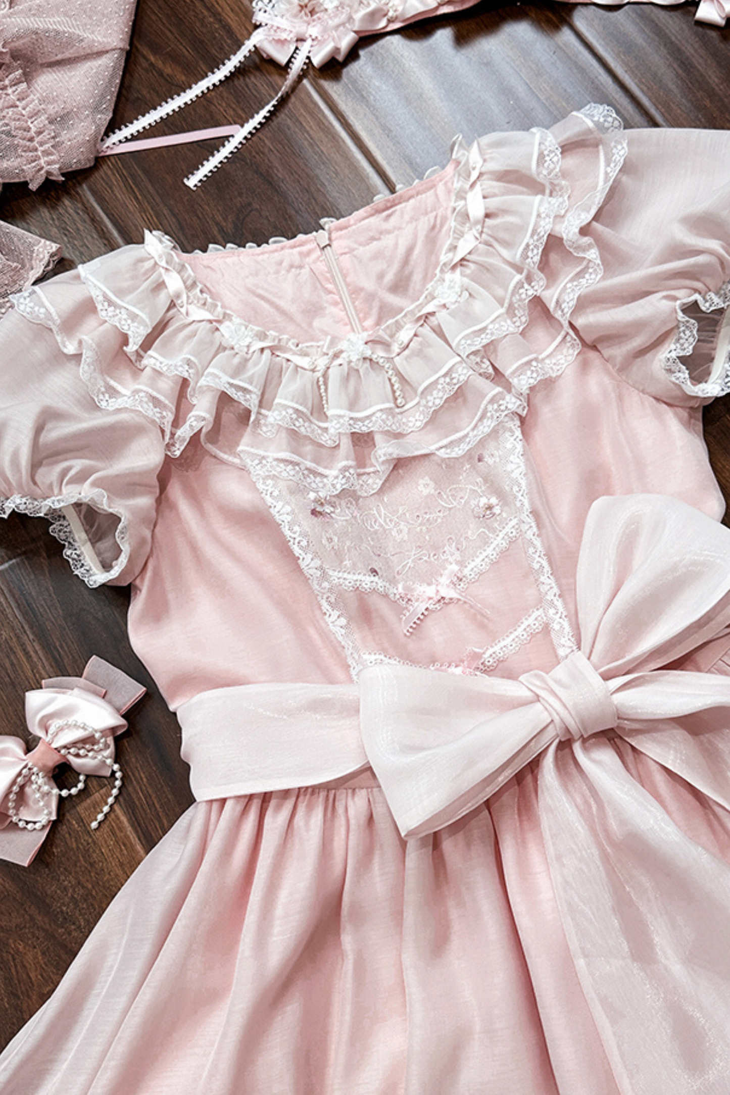 Cherry blossom color sweet princess Lolita dress + doll color top + sheer cardigan + apron