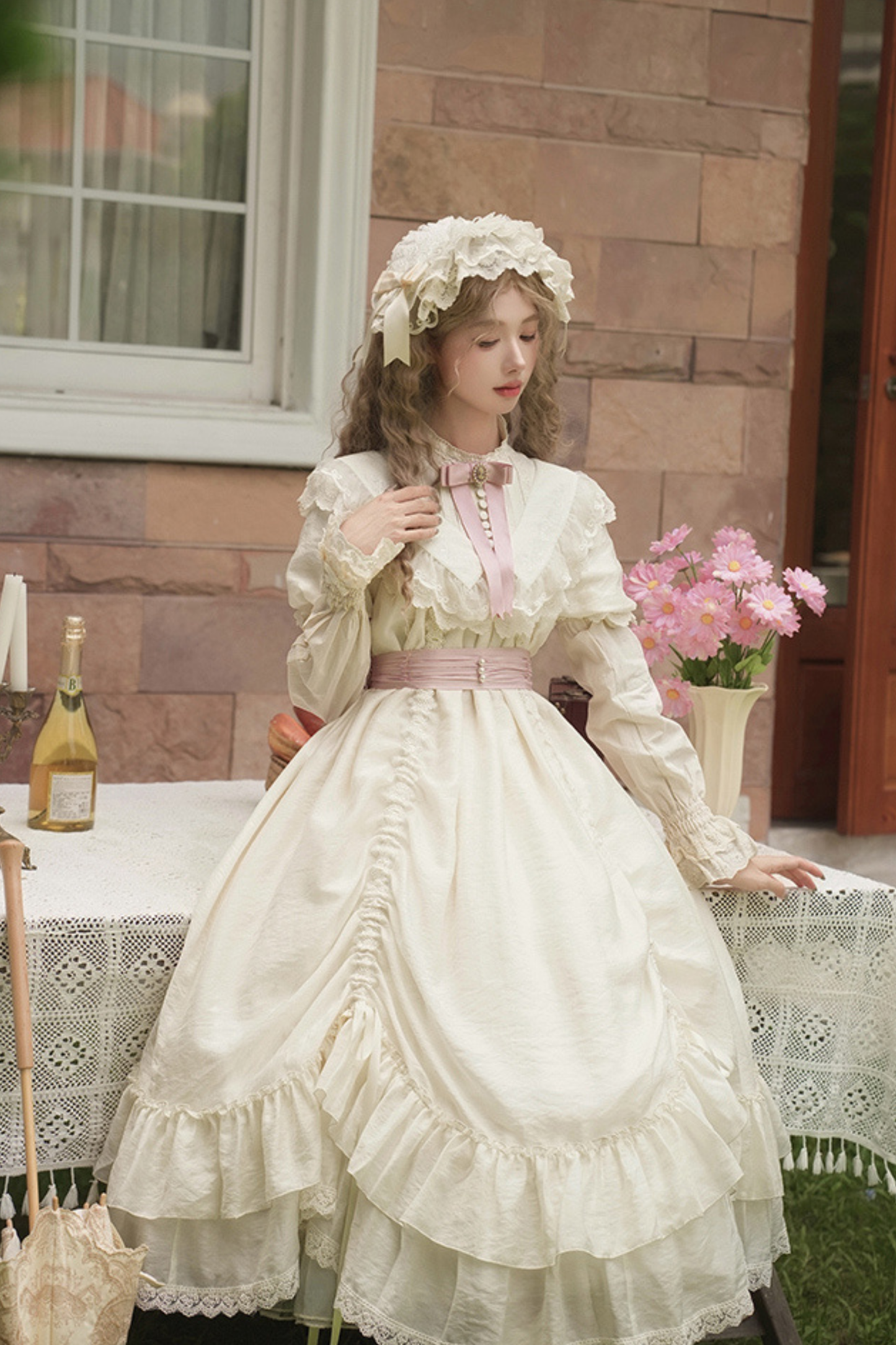 【予約商品】ローズフリルロリータドレス+ドレス＋ベルト＋ブローチ＋リボン＋ヘッドバンド＋スリーブ
