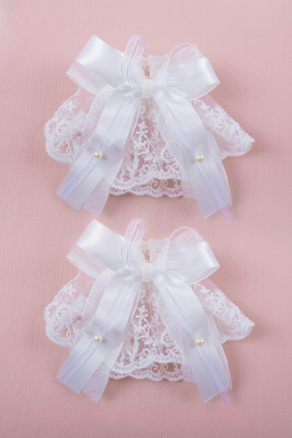 ホワイトレースブライダルスタイルボンネット+ヘアバンド+クリップ+スリーブ