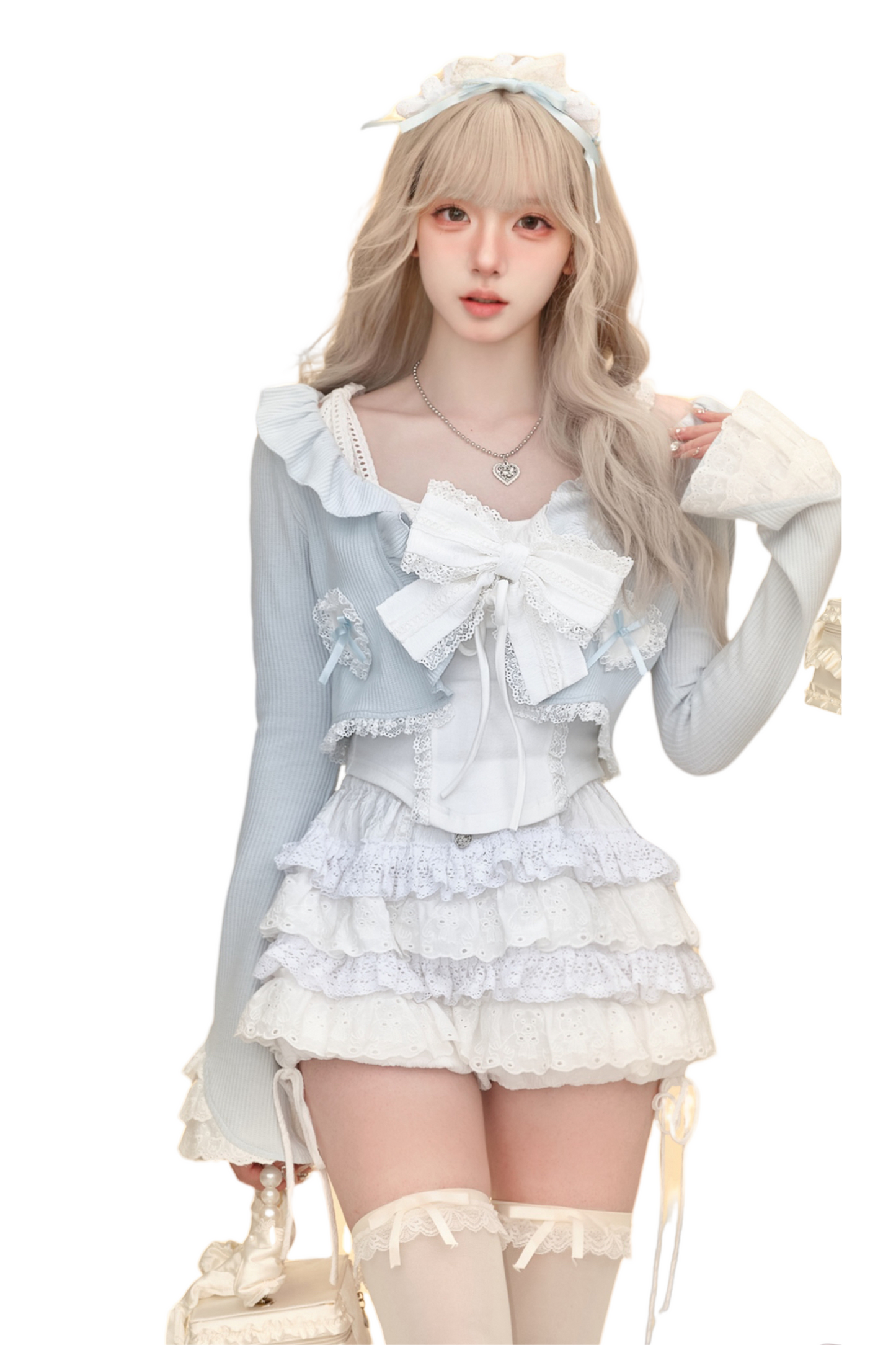 Frilled Ice Blue Cardigan + Camisole Top + Tiered Skirt