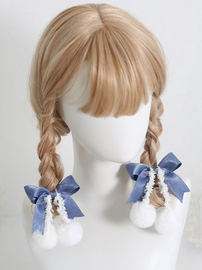 Sweet Ribbon Hairpin Double Pom Pom Hair Elastic