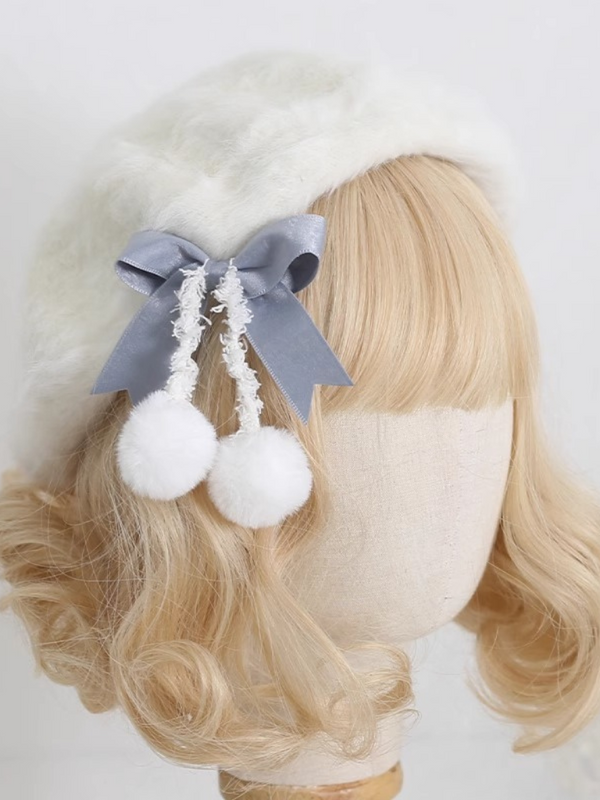 Cream Fur Ribbon Pompom Beret