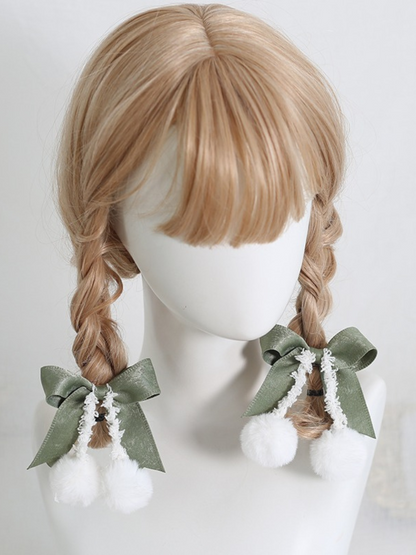 Sweet Ribbon Hairpin Double Pom Pom Hair Elastic