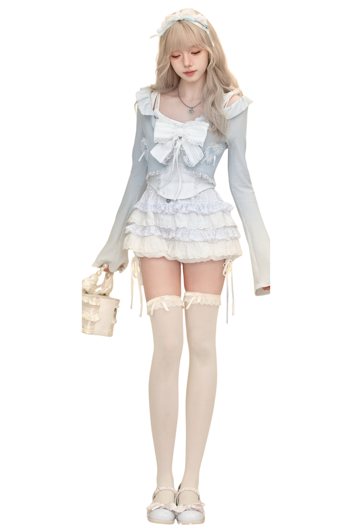 Frilled Ice Blue Cardigan + Camisole Top + Tiered Skirt