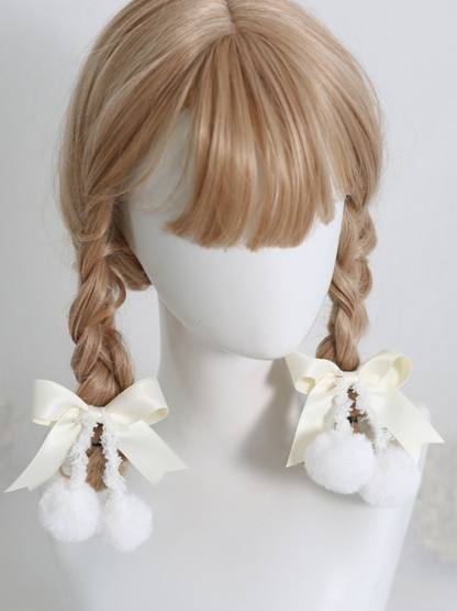 Sweet Ribbon Hairpin Double Pom Pom Hair Elastic