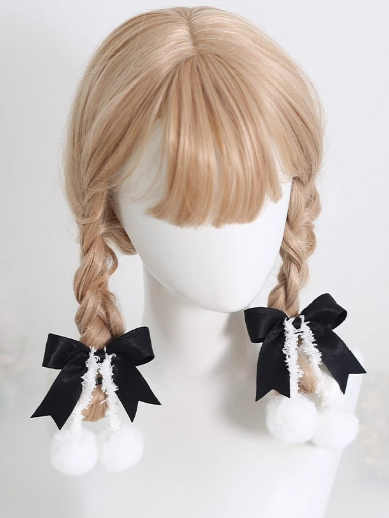 Sweet Ribbon Hairpin Double Pom Pom Hair Elastic