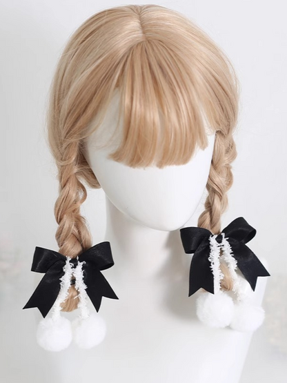 Sweet Ribbon Hairpin Double Pom Pom Hair Elastic