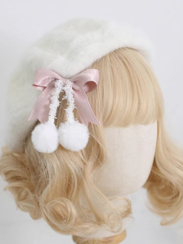 Cream Fur Ribbon Pompom Beret