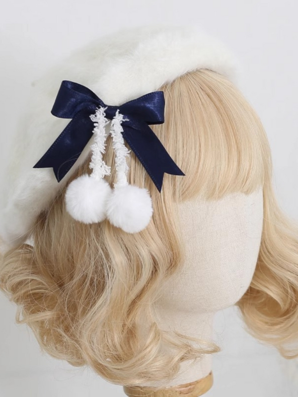 Cream Fur Ribbon Pompom Beret