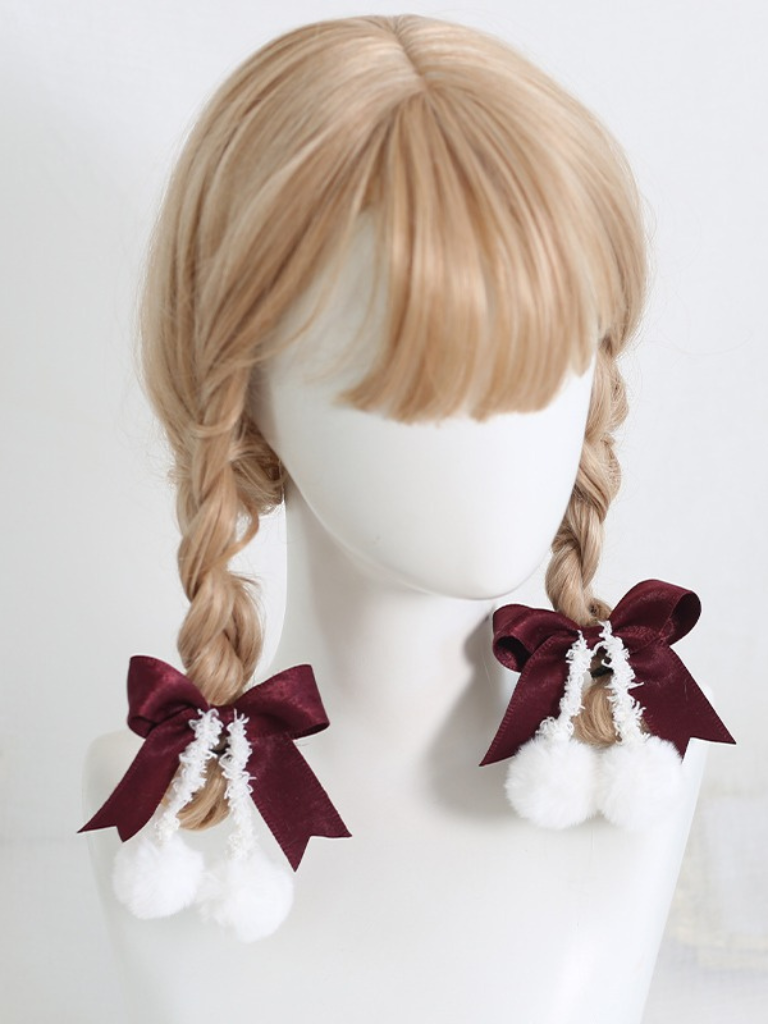 Sweet Ribbon Hairpin Double Pom Pom Hair Elastic