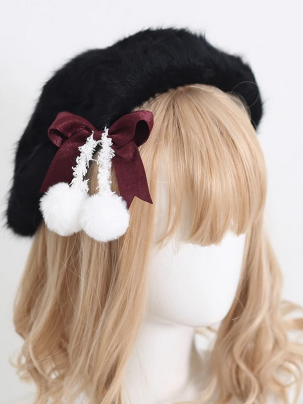 Cream Fur Ribbon Pompom Beret