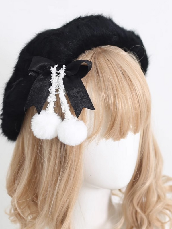 Cream Fur Ribbon Pompom Beret