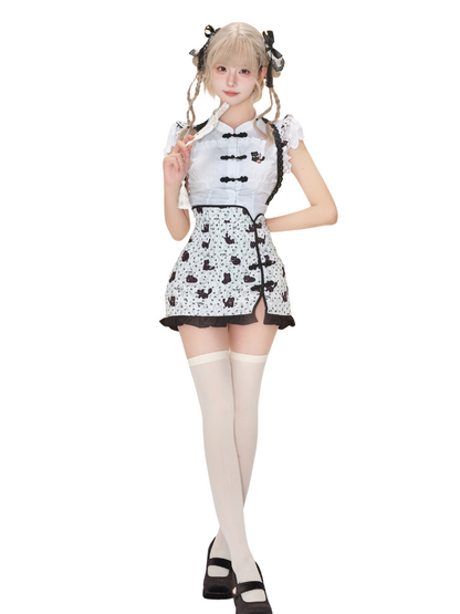 Black Cat China Top + Slit Cat Skirt