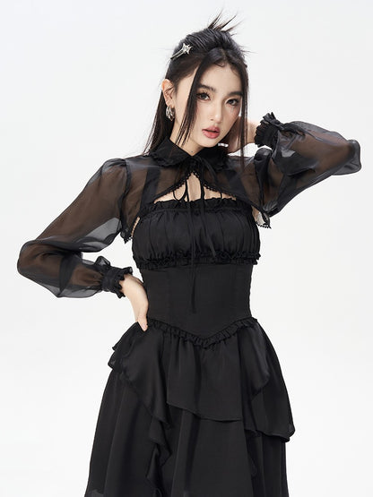 Sheer Lantern Sleeve Black Chiffon Short Jacket