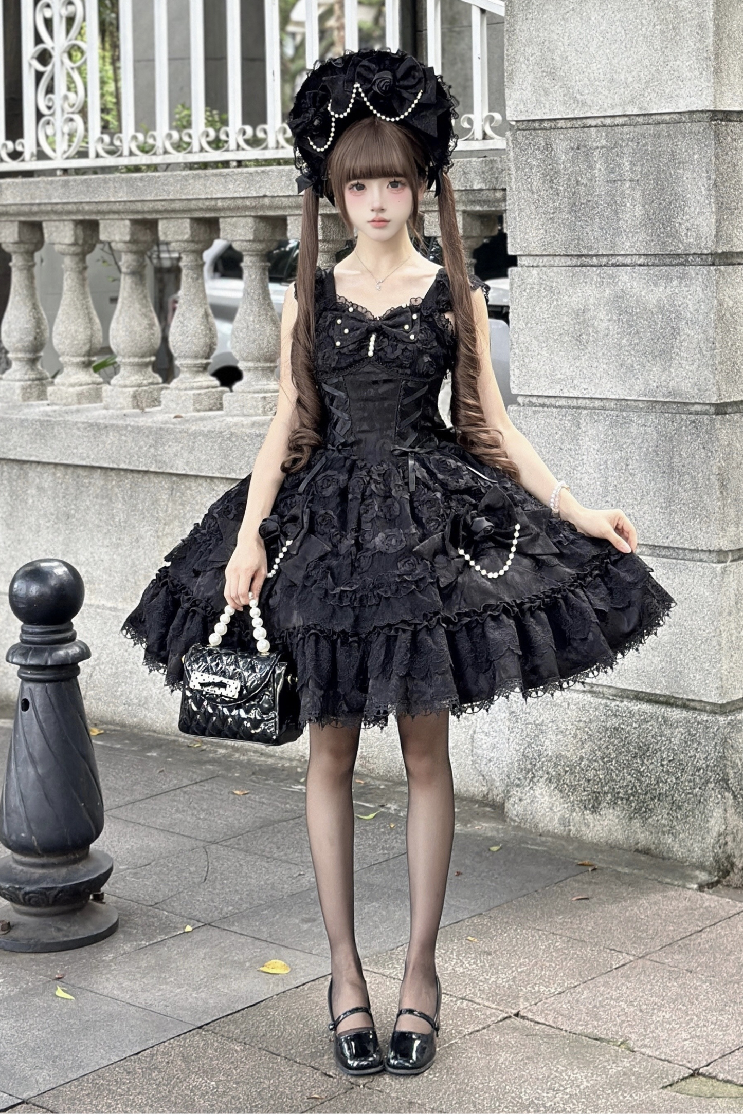 ローズフリルプリンセスジャンパースカート+バッグリボン+ボンネット