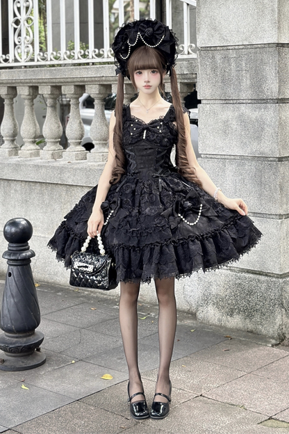 ローズフリルプリンセスジャンパースカート+バッグリボン+ボンネット