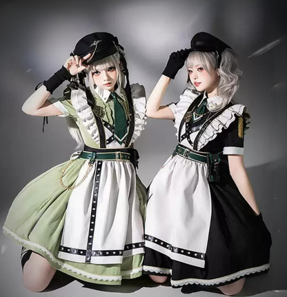 Schwarz-grünes Militär-Maid-Lolita-Kleid Komplettset