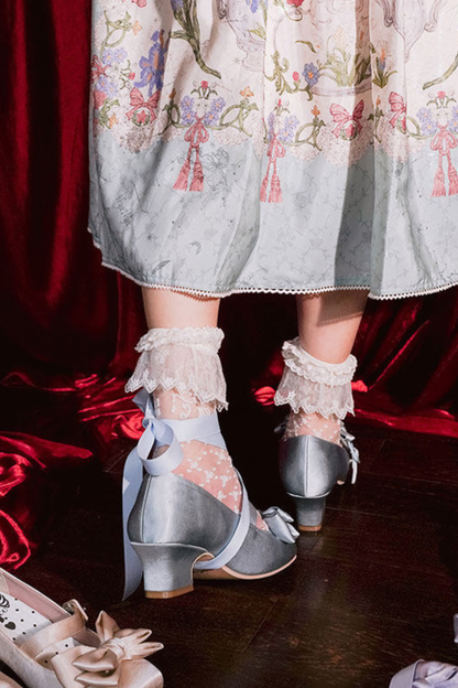 レースアップリボンサテンスクエアトゥシューズ