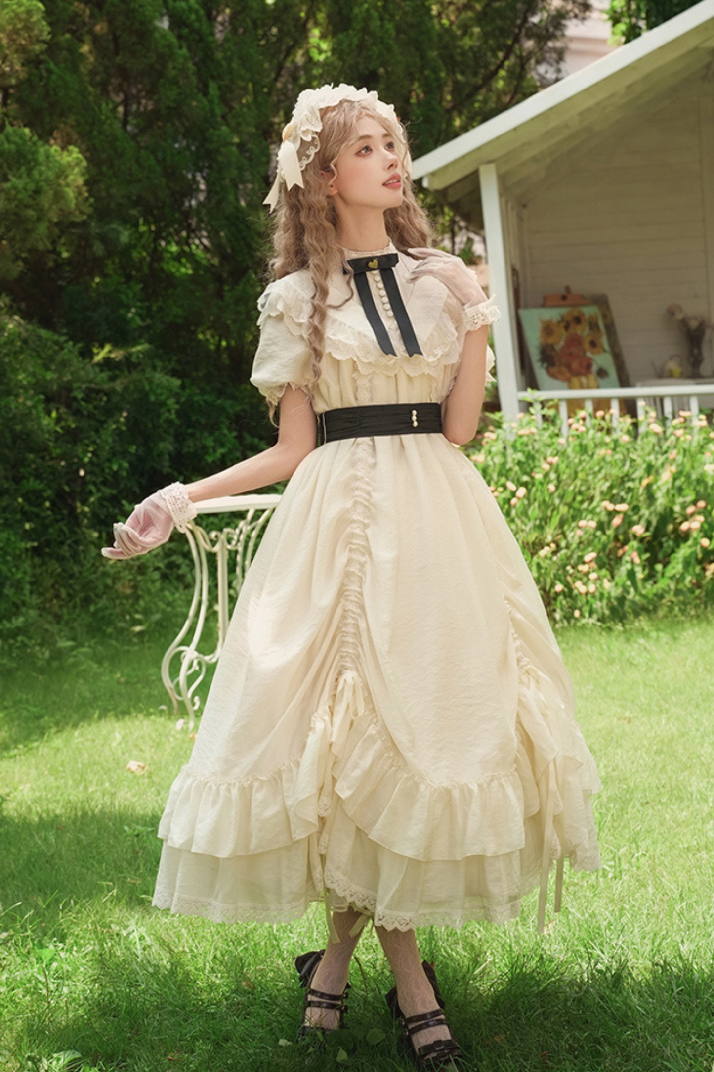 【予約商品】ローズフリルロリータドレス+ドレス＋ベルト＋ブローチ＋リボン＋ヘッドバンド＋スリーブ