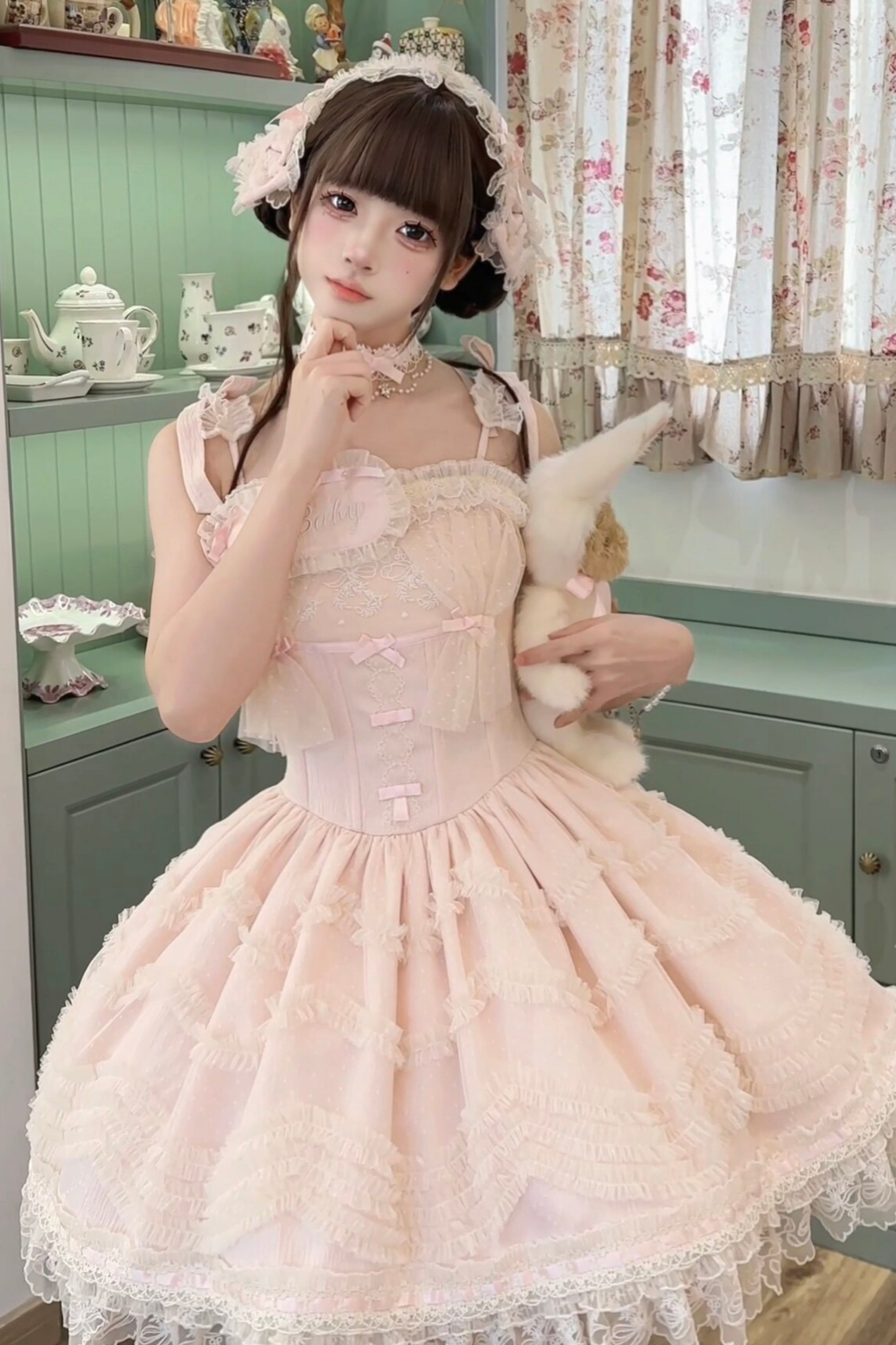 甜美珍妮蘿莉塔吊帶裙+項鍊+帽子+髮帶