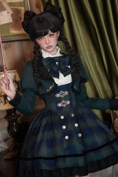 レトロカレッジスタイルチェックロリータスカート＋ジャケット＋マント＋ブラウス＋リボン＋ネックレス