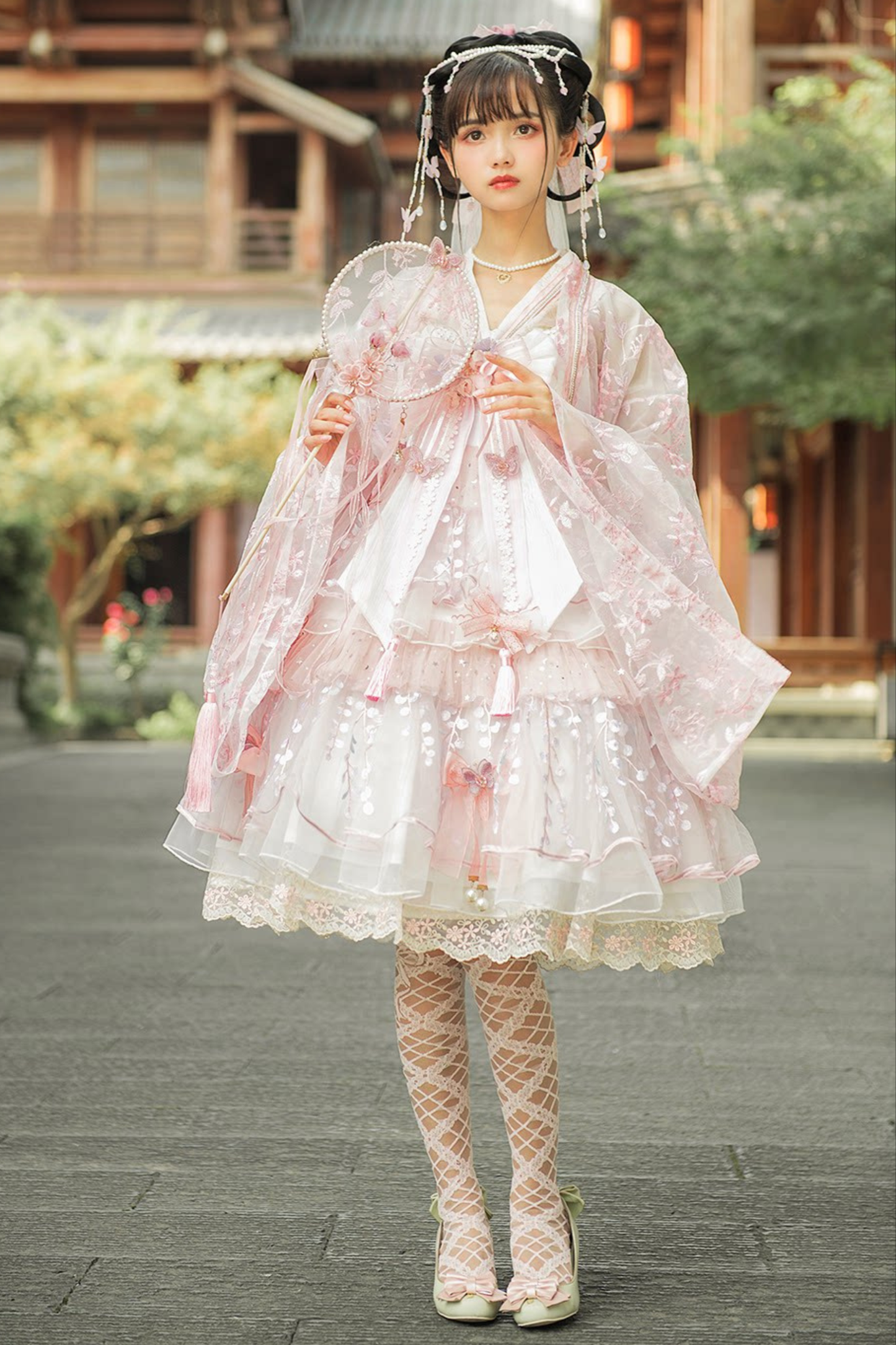 사쿠라 스위트 차이나 로리타 셔츠 + 목걸이 + 리본 + 베일 + 클립