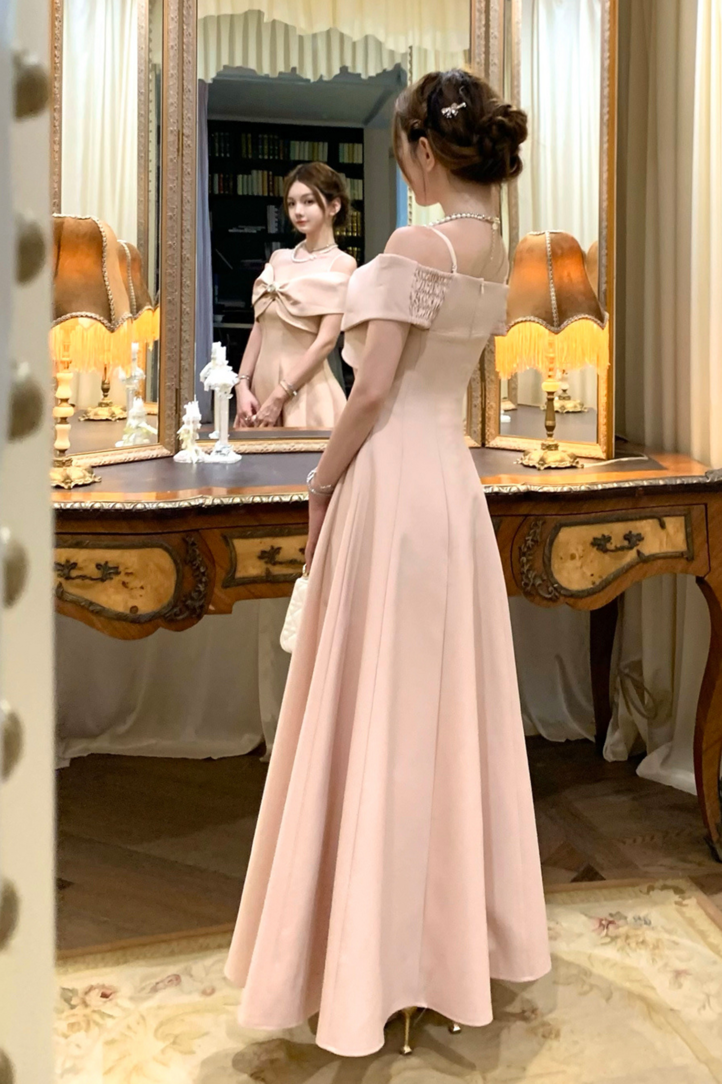 オフショルダーリボンショートフレアドレス＋ロングフレアドレス