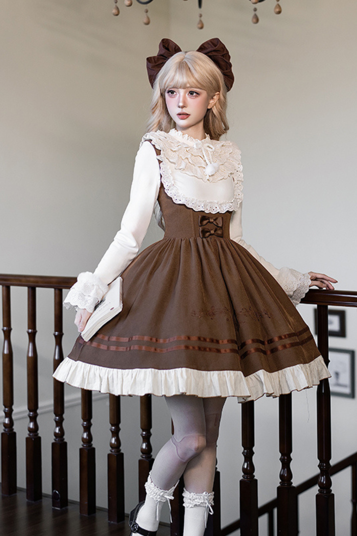 ツインフリルドールジャンパースカート+トップス+リボン+ハット