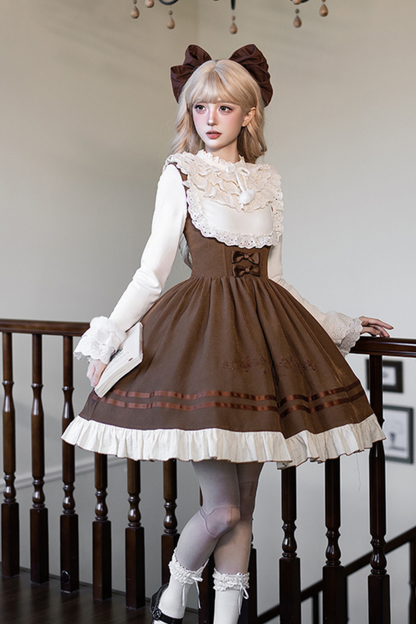 ツインフリルドールジャンパースカート+トップス+リボン+ハット