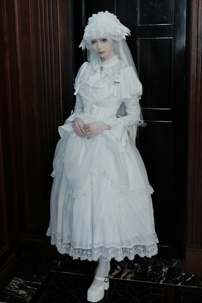 White gothic gemini Lolita dress + corset + ribbon + hair band + veil