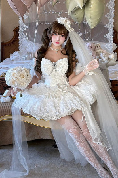 [Vorbestellung bis 4. April]Weißes Feder-Zeremonienkleid + Schal + Schwanz + Schleier + Schleife + Ärmel