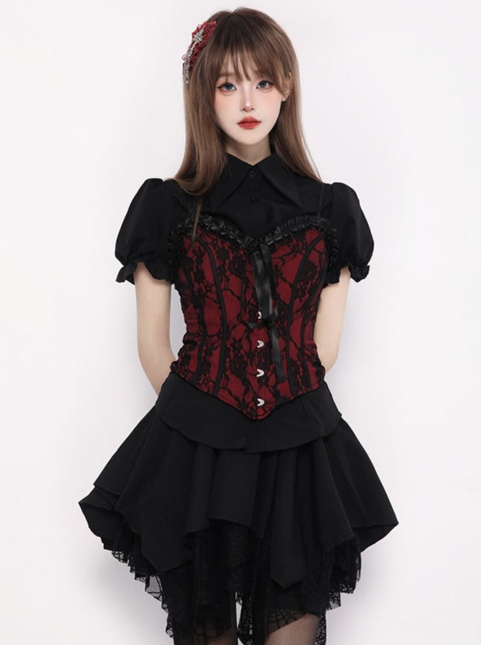 Sweet Cool Coat Style Puff Sleeve Shirt + Red Lace Vest + Spider Nest Race Open Skirt