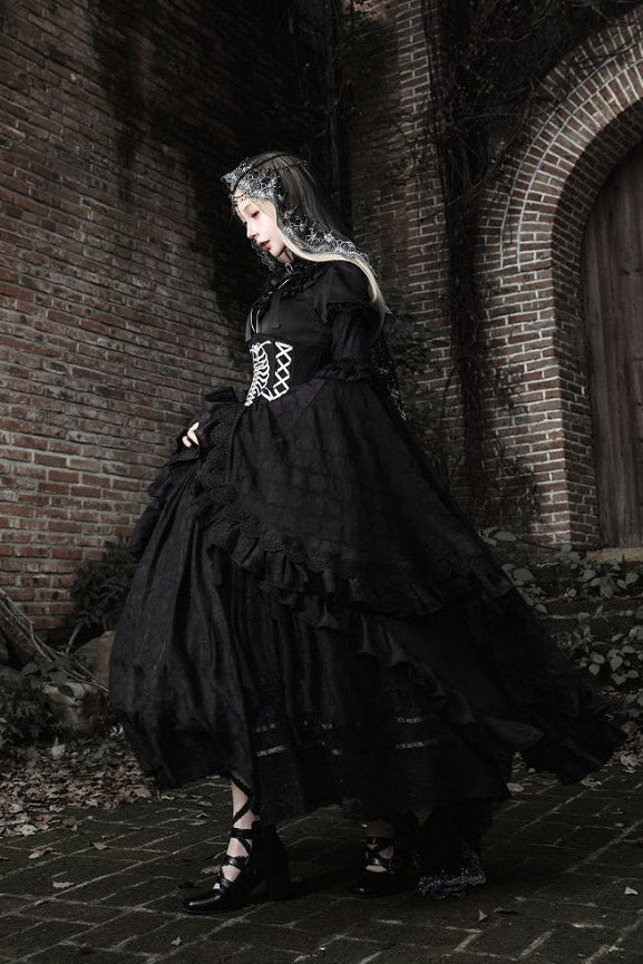 【11月2日予約締切】Born Nocturne Black Gothic Puff Sleeve Lace Layered Long Dress (with Bow Tie) + Embroidered Corset Belt + Detachable Oversized Bell Sleeves