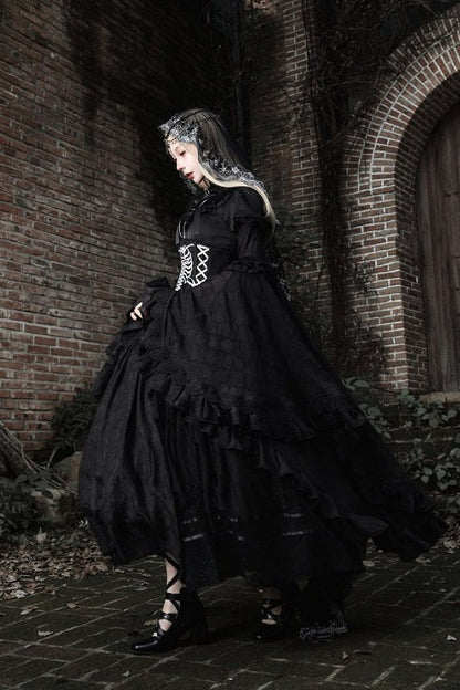 【11月2日予約締切】Born Nocturne Black Gothic Puff Sleeve Lace Layered Long Dress (with Bow Tie) + Embroidered Corset Belt + Detachable Oversized Bell Sleeves