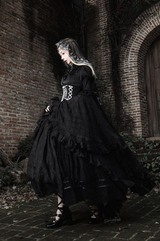 【11月2日予約締切】Born Nocturne Black Gothic Puff Sleeve Lace Layered Long Dress (with Bow Tie) + Embroidered Corset Belt + Detachable Oversized Bell Sleeves