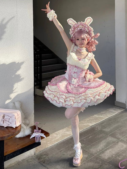 【12月17日予約締切】ピンクフローラルスイートロリータティアードドレス＋うさ耳ボンネット＋アクセサリー
