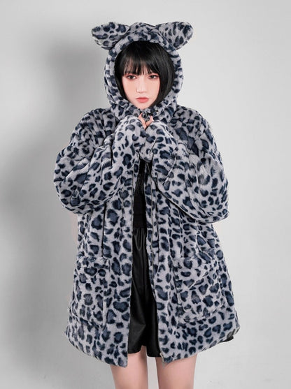 Cat Ear Leopard Fur Coat with Hood