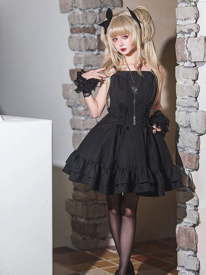 【12月26日予約締切】ゴシックロリータダークカラーストライプリボンサスドレス