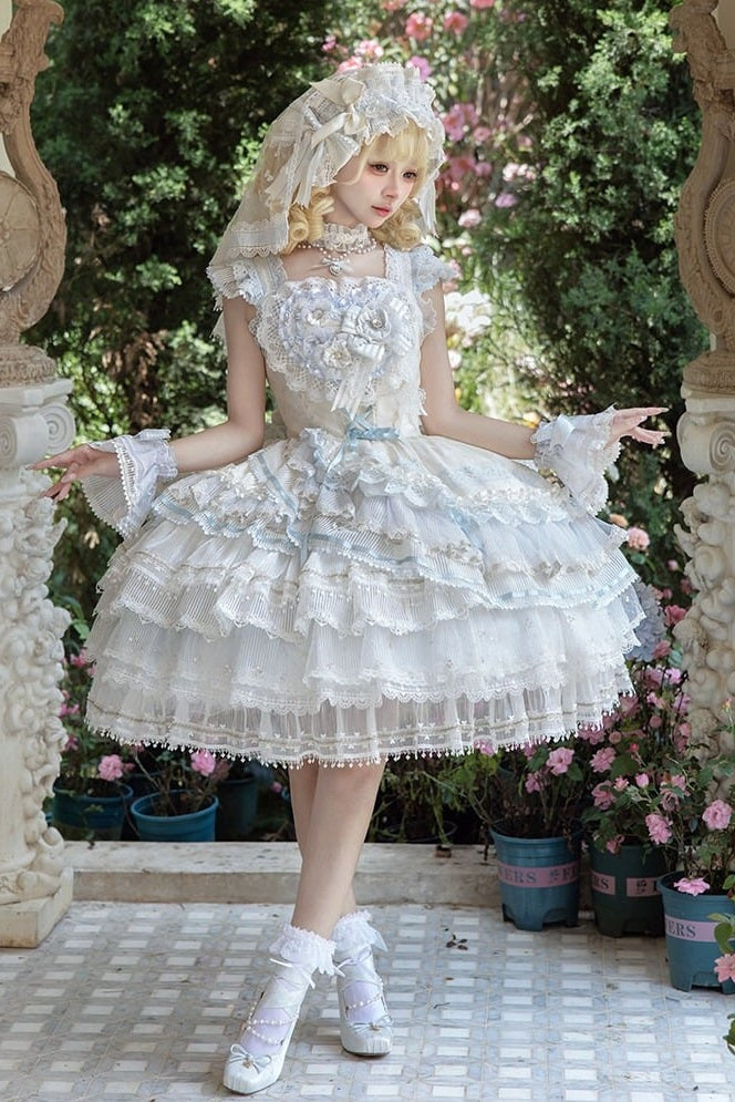 [Reservierungsschluss 1. August] Blau-weißes Sweet-Lolita-Stufenkleid-Set mit Blumenmuster