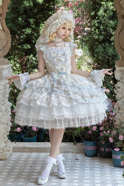 [Reservierungsschluss 1. August] Blau-weißes Sweet-Lolita-Stufenkleid-Set mit Blumenmuster
