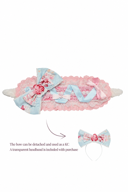 【10月21日予約締切】Pink/Blue Lamb Ear Headband With Detachable Ribbon + Strawberry Embroidered Ribbon KC