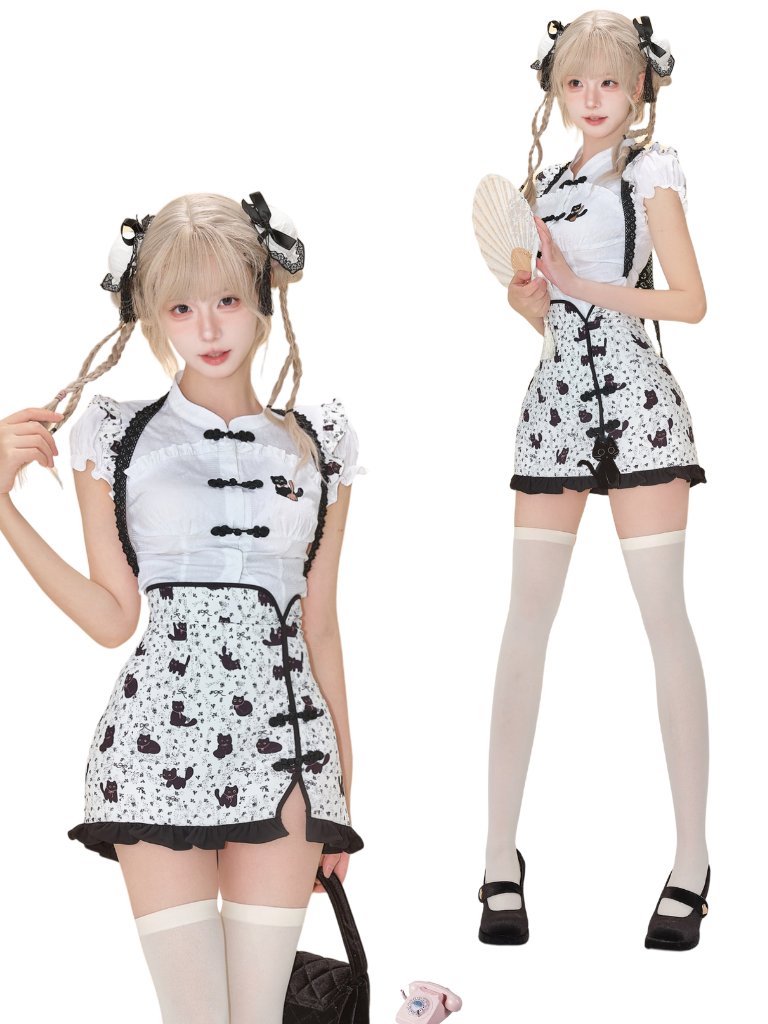 Black Cat China Top + Slit Cat Skirt