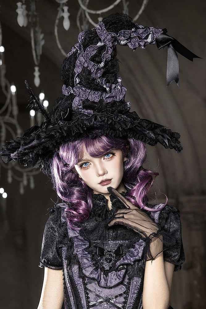 【10月30日予約締切】Purple And Black Gothic Lolita Dress Complete Set [Bunny Ear Hat Version/Witch Hat Version] (Witch Print Bustier Dress + Black Short-Sleeved Blouse + Bat Wing Back Train + Detachable Princess Sleeves)
