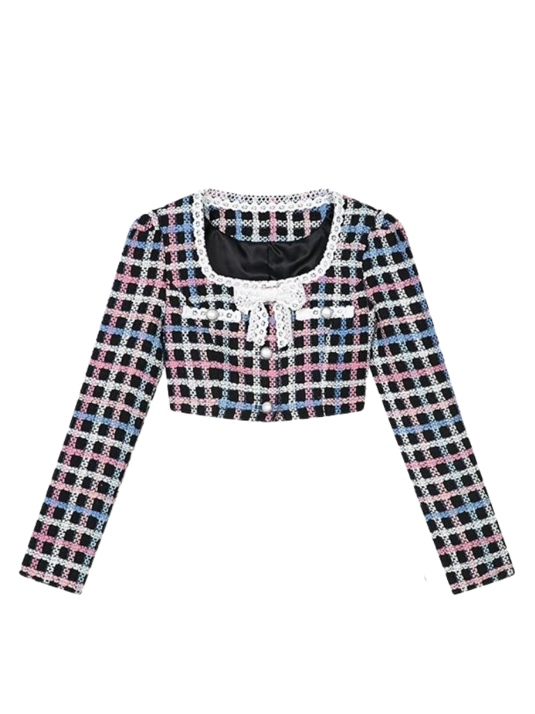 Bunte Tweedjacke + kurzer Rock