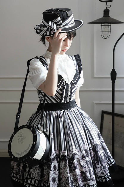 【10月3日予約締切】Black/White Elegant Gothic Series Accessories(Black Butterfly Print Striped Ribbon Hat, Black Rose Ribbon Brooch, Ribbon KC, Hair Clip Pair, Bonnet)