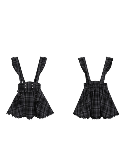 Landmine off -shoulder ribbon blouse + check suspender skirt